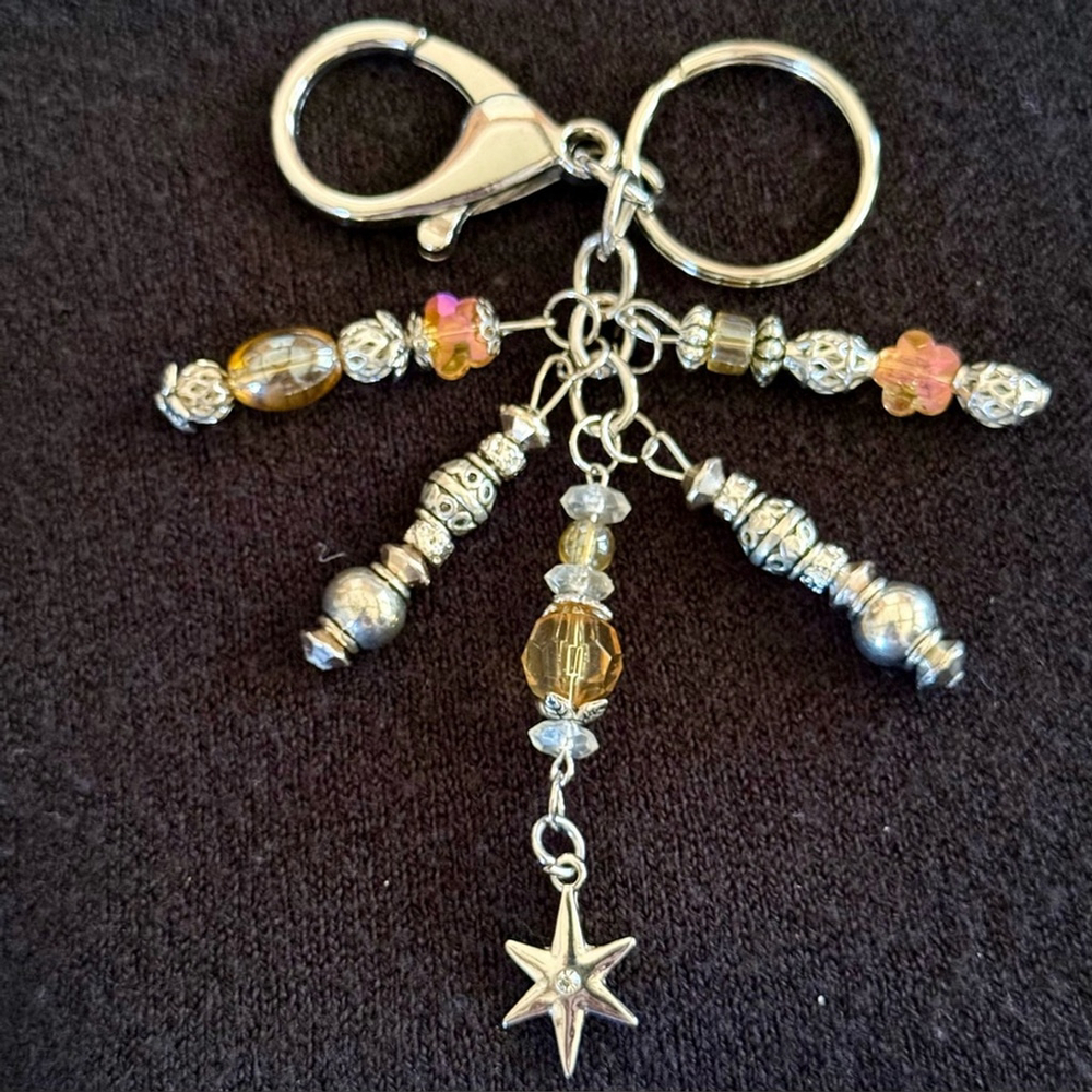 Silver Star Amber Beaded Handmade Bag Charm Keychain | One of a Kind